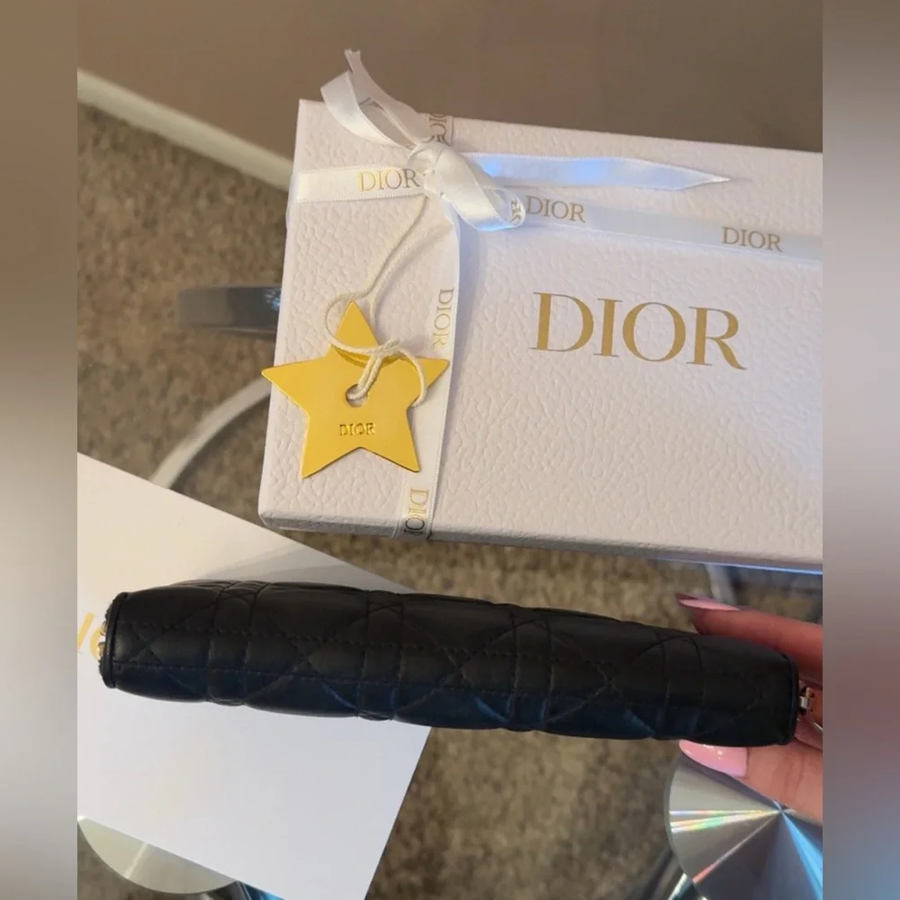 Dior Large Lady Dior Voyageur Black Quilted Lambskin Wallet with Gold Charm